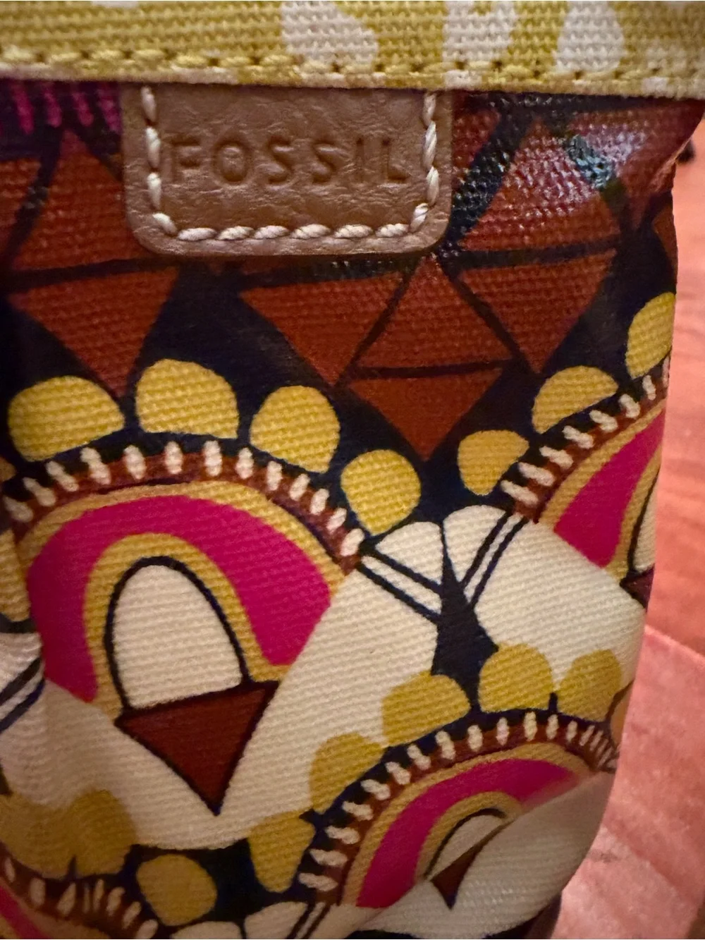 Fossil Yellow Patterned Canvas Hobo with Tan Strap